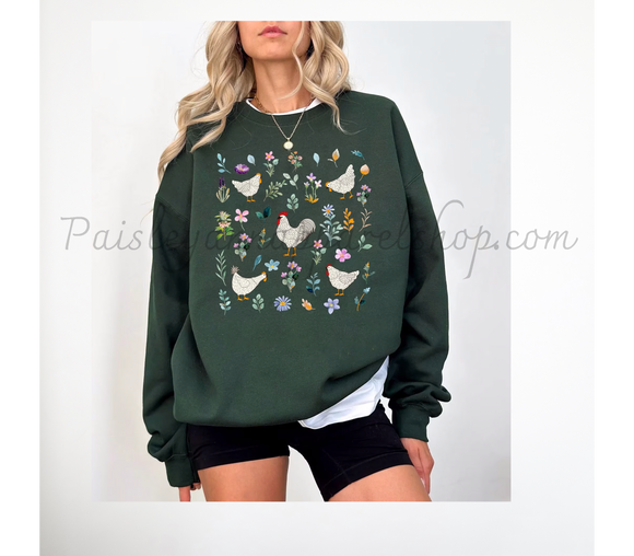 chicken flowers wildflowers sweatshirt green
