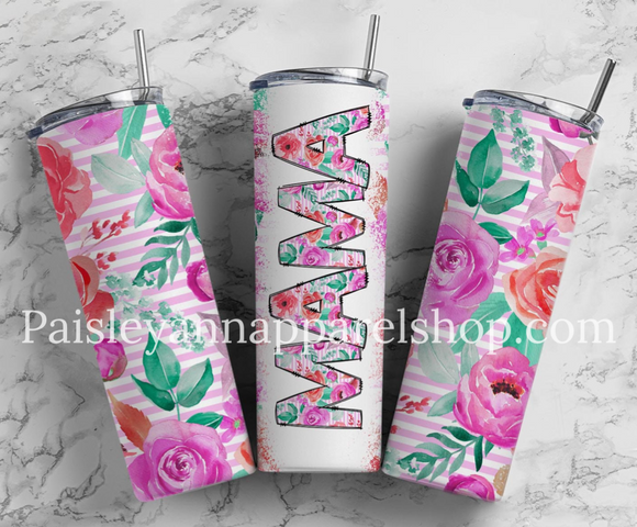 Pink floral stripe mama 20 oz tumbler