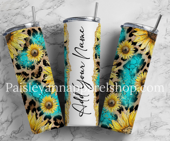 Leopard sunflower teal custom name 20 oz tumbler