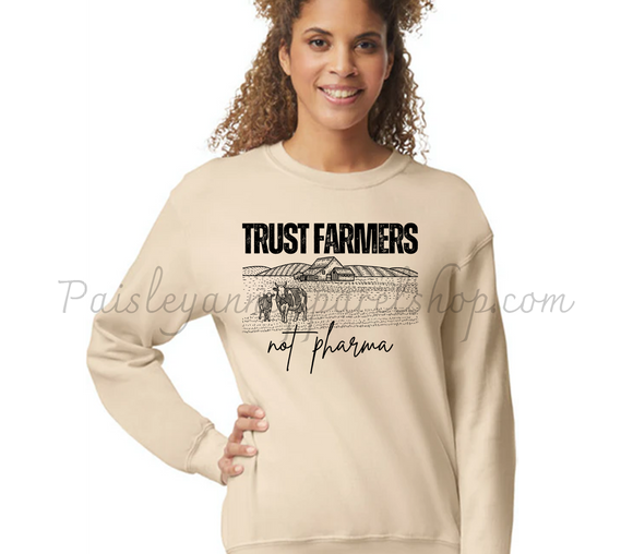 trust farmers not pharma cream sweatshirt