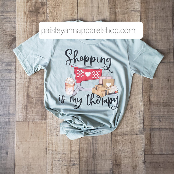 Shopping is my therapy SCREEN PRINT on mint color Tee