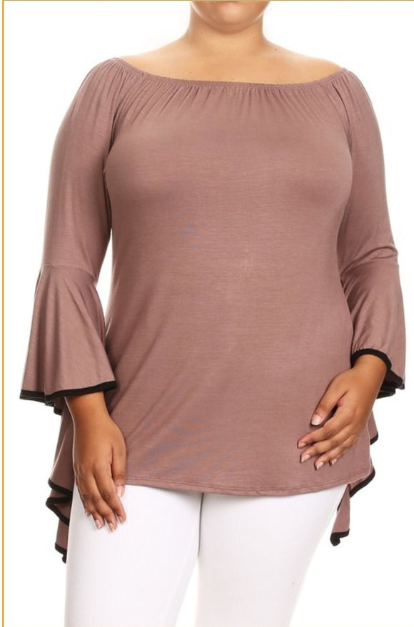 Tan bell sleeve ruffle shirt