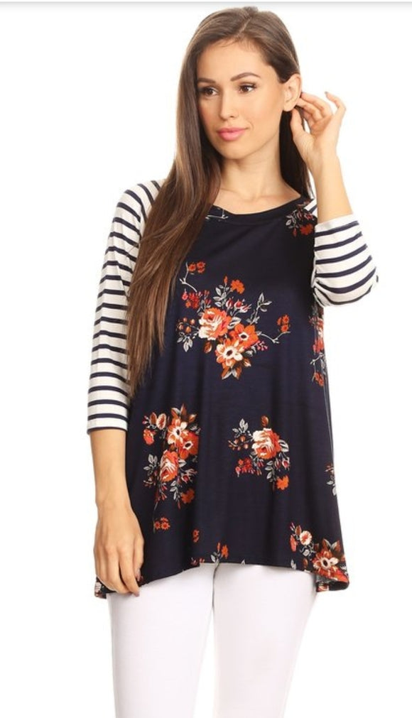 Navy floral with stripes raglan