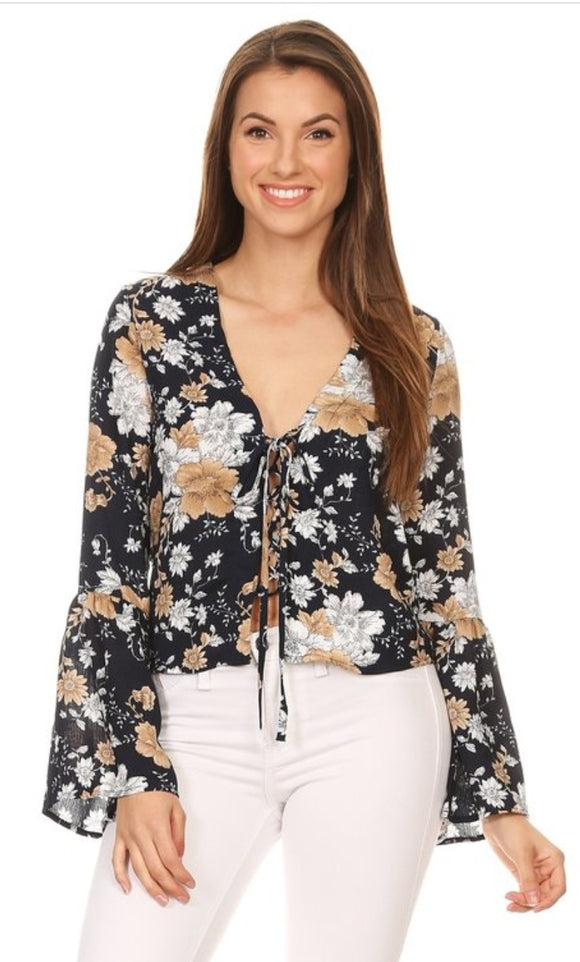 Navy floral bell sleeve top